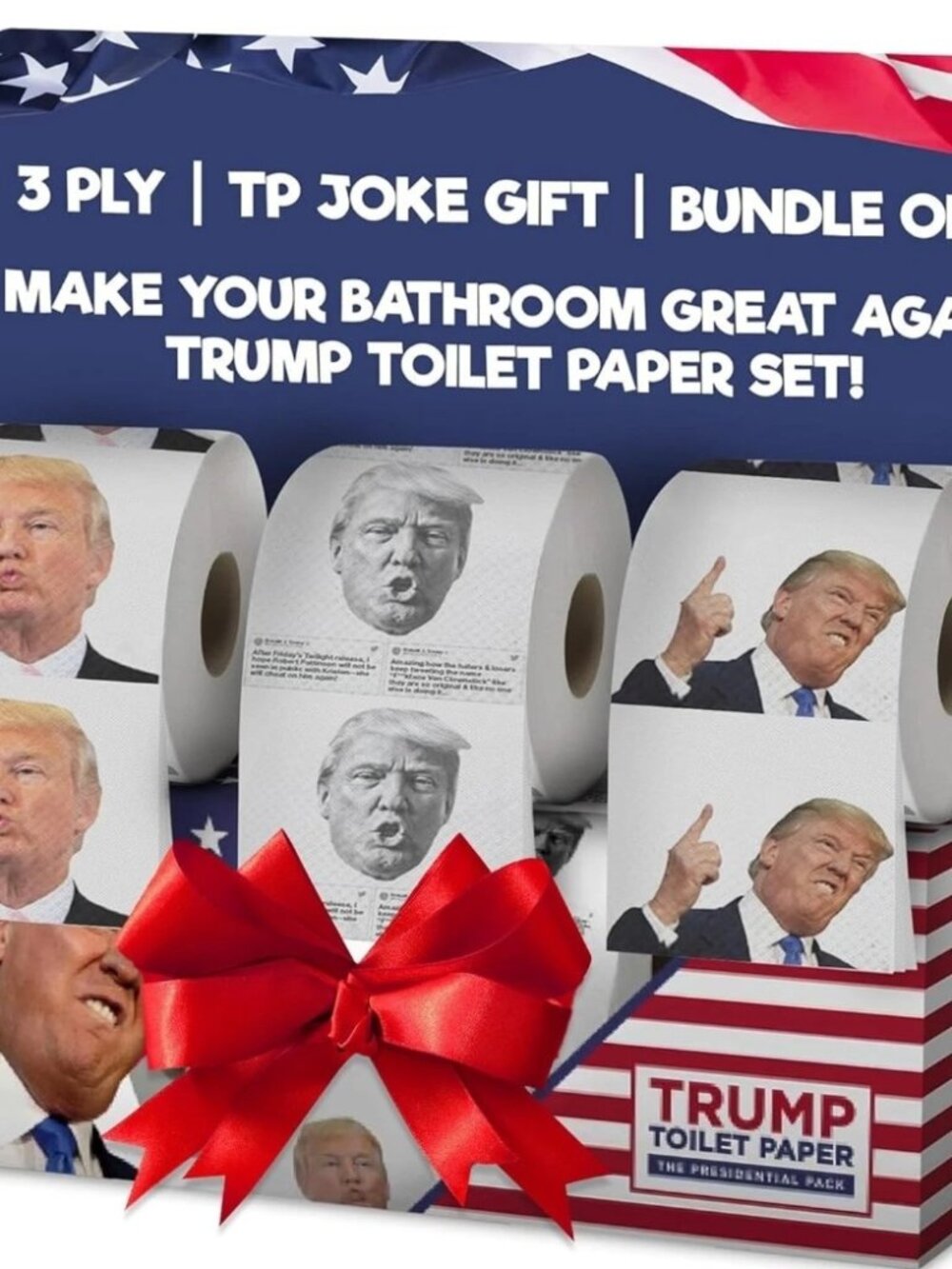 Donald Trump Toilet Paper - 3 Ply Funny Novelty Gag, 200 Sheets, Prank Gift Pack